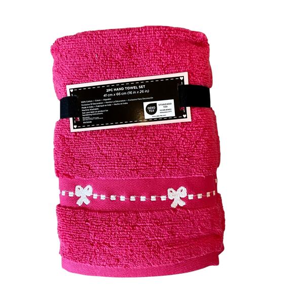 2pc Betsey Johnson Hand Towels 16x26 Hot Pink White Coquette Bow 100% Cotton New - Picture 7 of 11